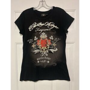 Y2K Christian Audigier Fragrance Black Graphic Vintage T-Shirt Gold Foil Women L